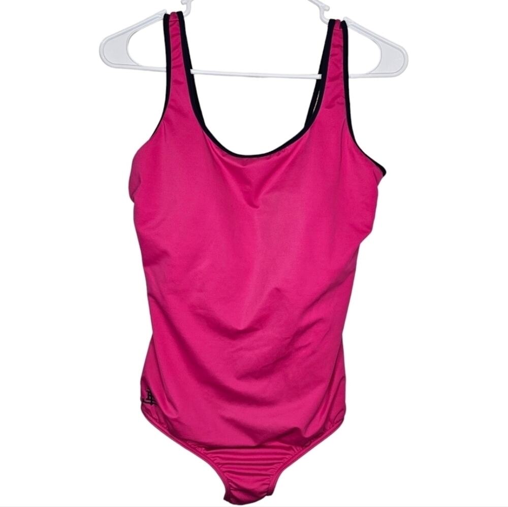 Land's End One Piece Cerise Pink with Blue Trim Bathsuit Size 14